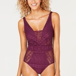 BECCA Plum Lace one piece belted full coverage bottom swimsuit